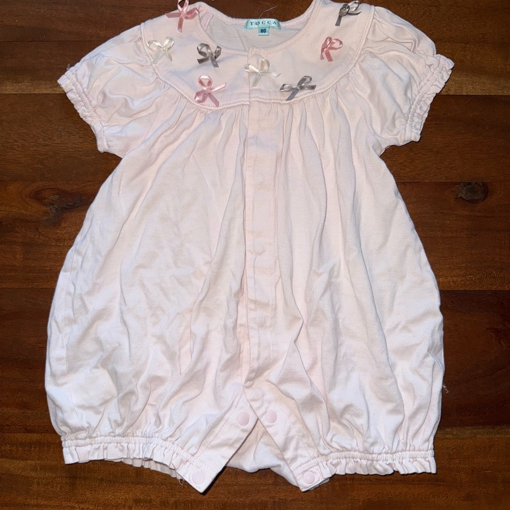 Tocca Pink Baby Romper with Ribbon Accents